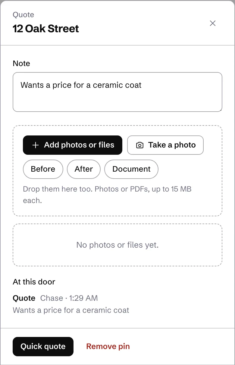 A pin opened at the door on a phone, with its note and the button to write a quick quote