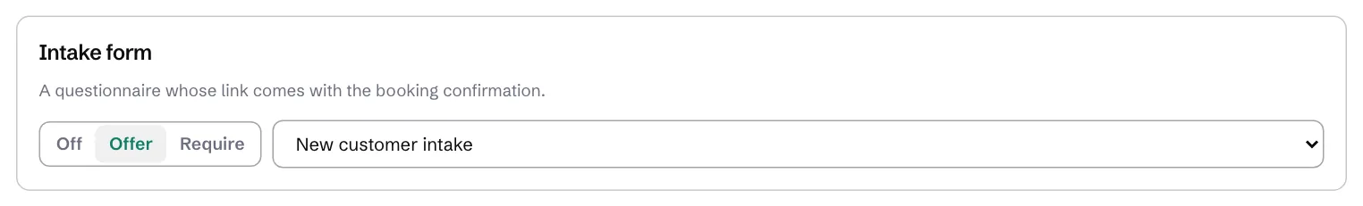 The Intake form panel on the booking page, offering the new customer intake