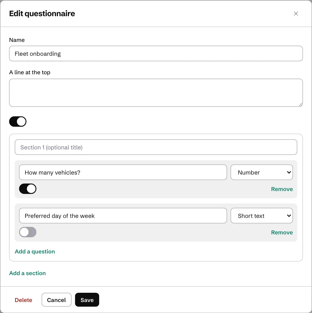 Editing a questionnaire: name, a line at the top, and each question with its kind