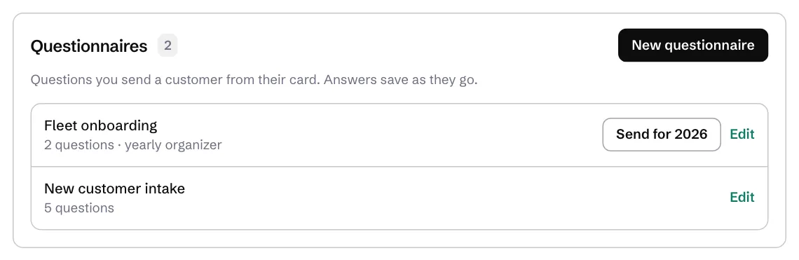 The Questionnaires list in Settings, with a yearly organizer and an intake form