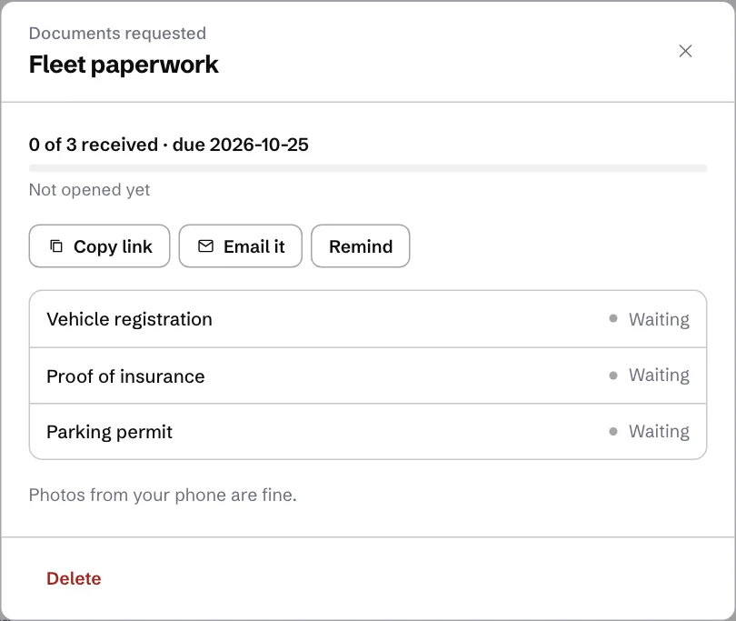 A document request: what has come in, the link buttons and each document's state