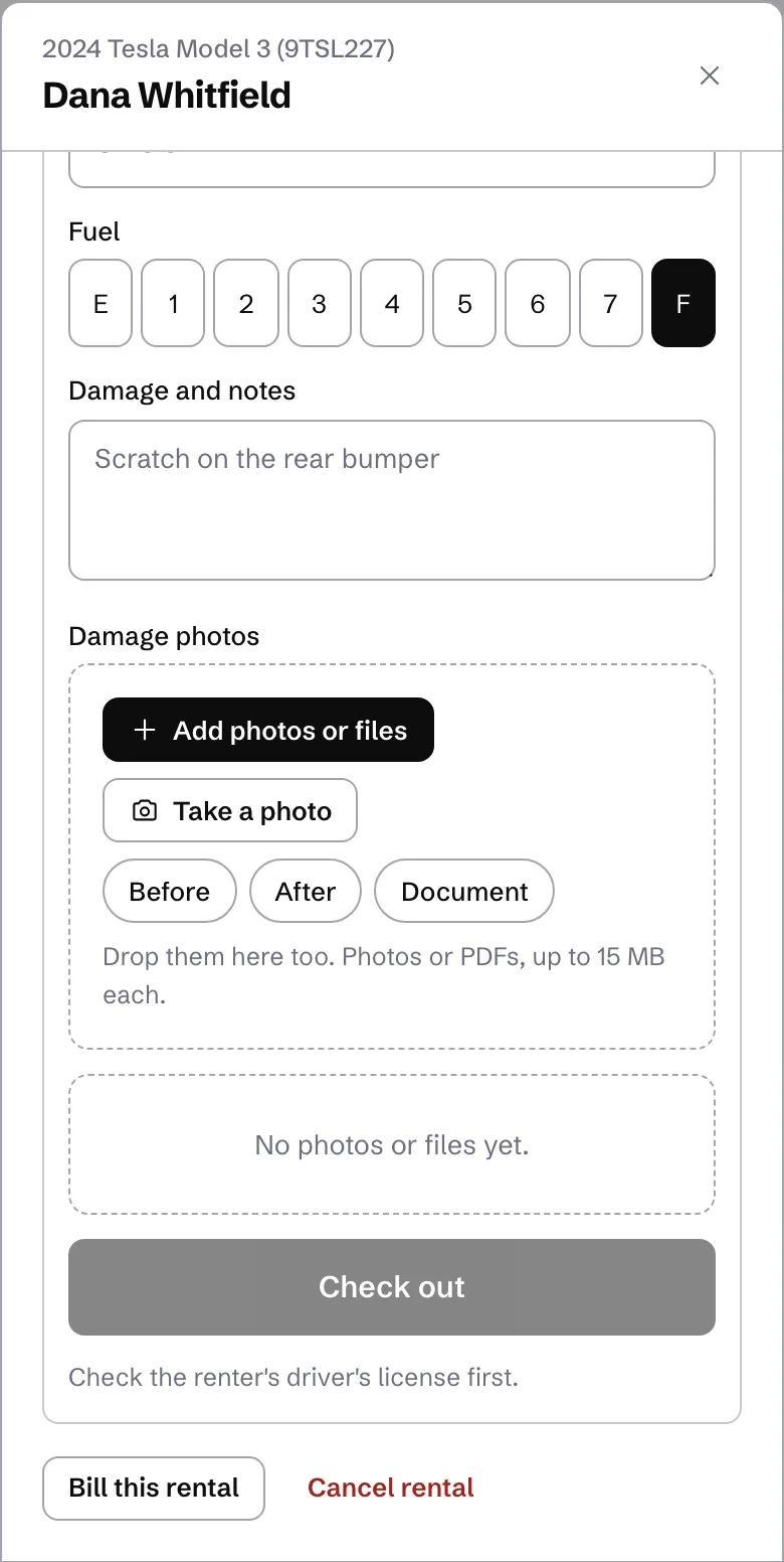 Check out on a phone: fuel, damage notes and photos, with the reason Check out is grayed out
