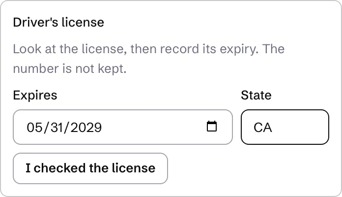 The Driver's license box with the expiry date and state filled in