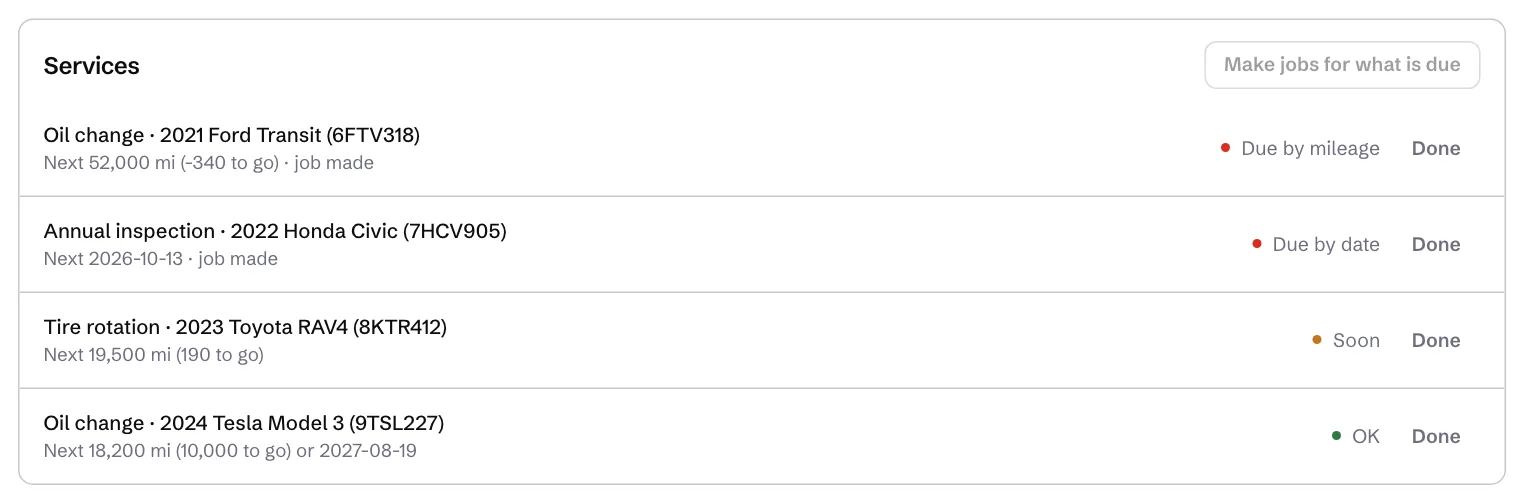 The Services list: due by mileage, due by date, soon and OK