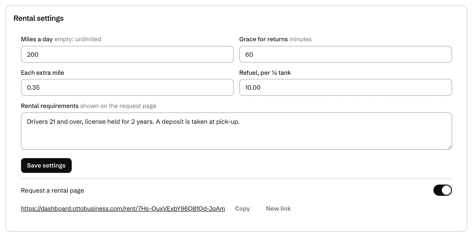 Rental settings, with the Request a rental page switched on and its link