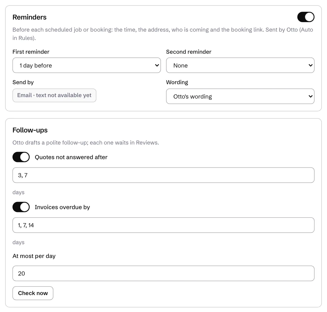 The Reminders and Follow-ups panels in Settings, Rules