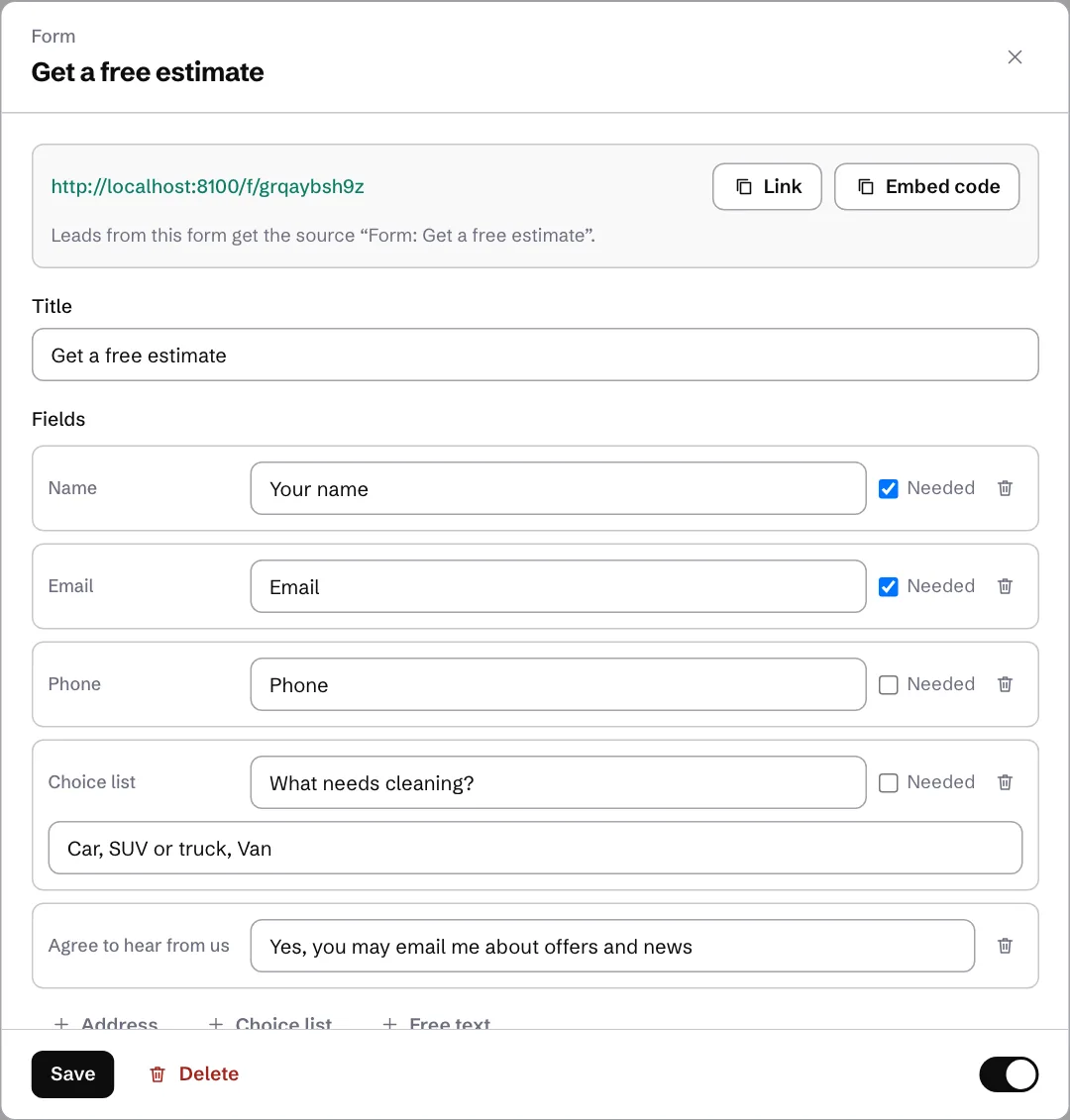 A lead form with its address, its fields and where new leads land