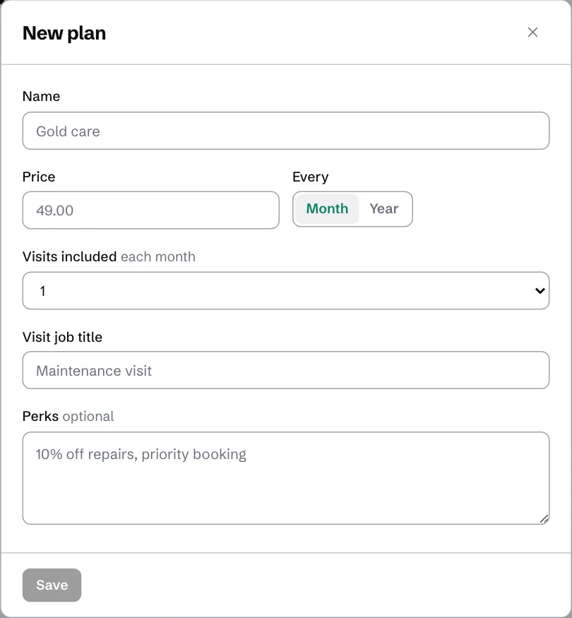 The New plan form: name, price, period, visits included and perks