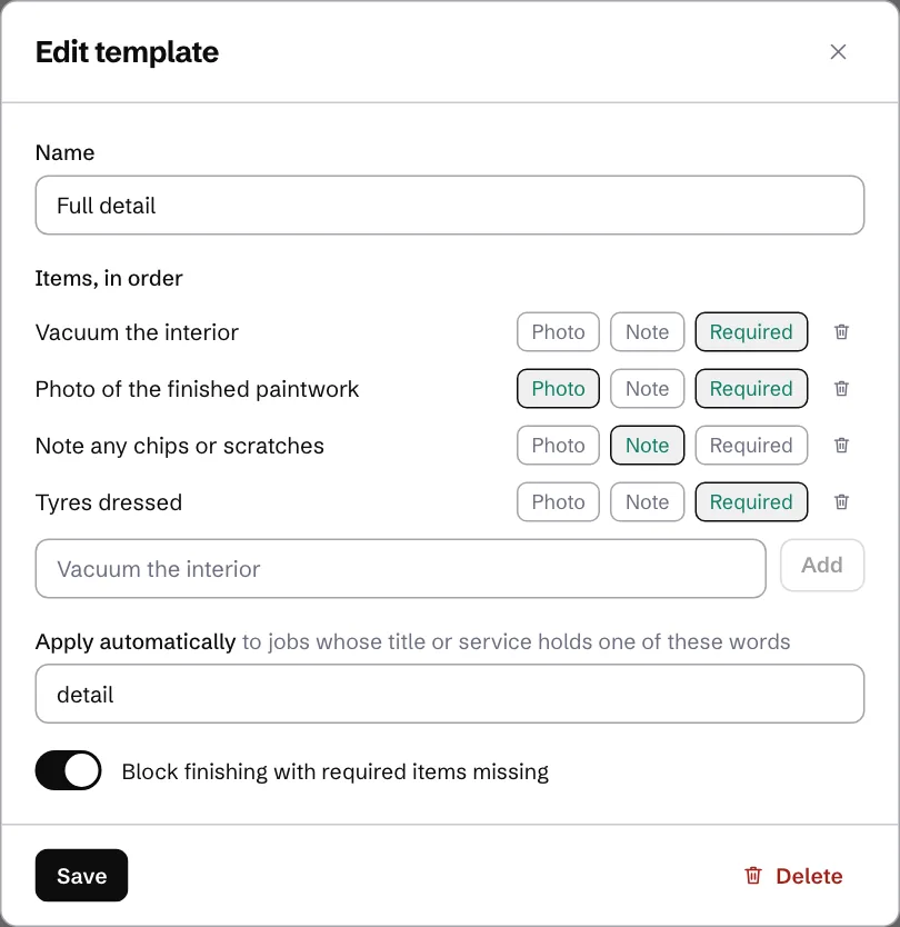 A checklist template with items that need a photo or a note, its keywords and the switch that blocks finishing