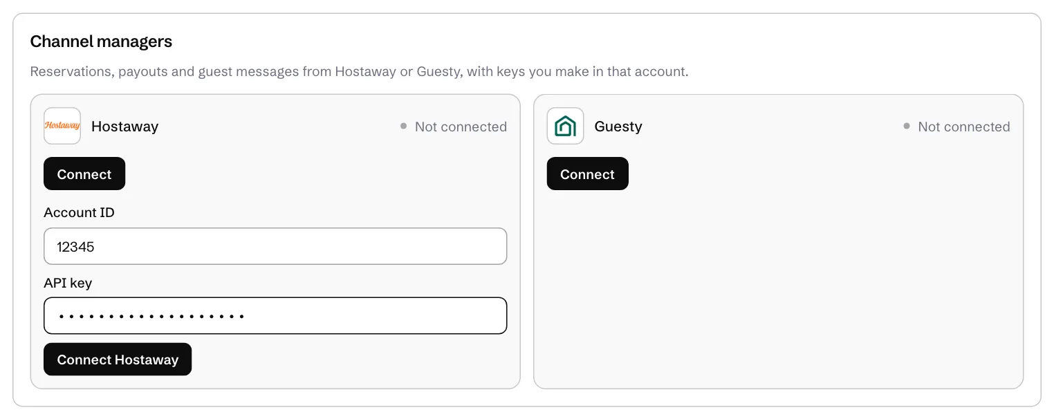 The Hostaway card with the Account ID and API key filled in
