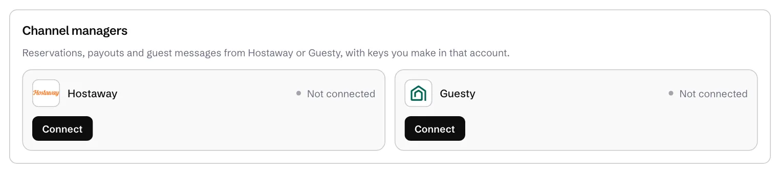 The Channel managers panel with Hostaway and Guesty, both not connected