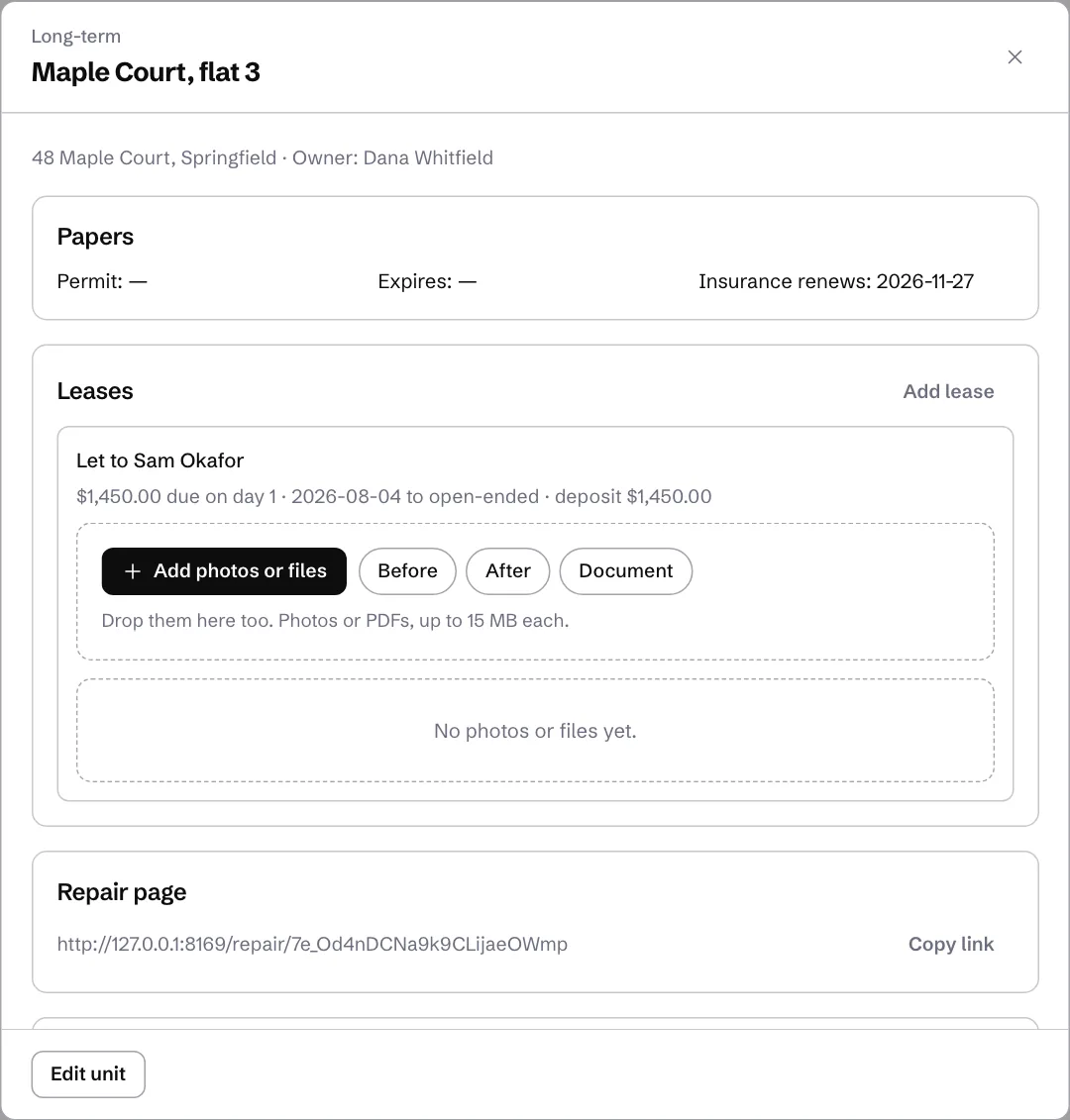 A unit open, with its papers, its lease to a tenant and its repair page