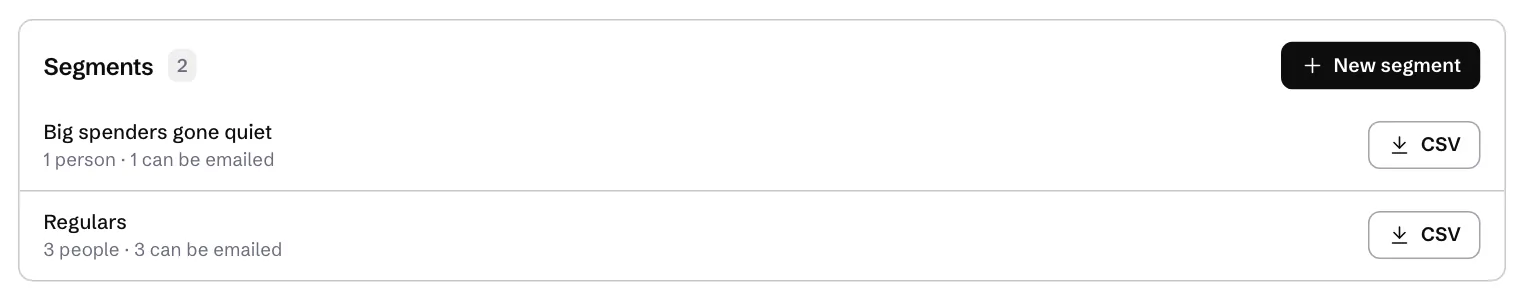 The list of saved segments, each with its count and a CSV button