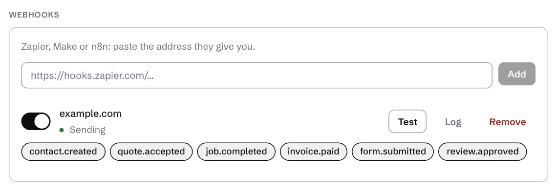An address in the Webhooks section, switched on, with the events it receives