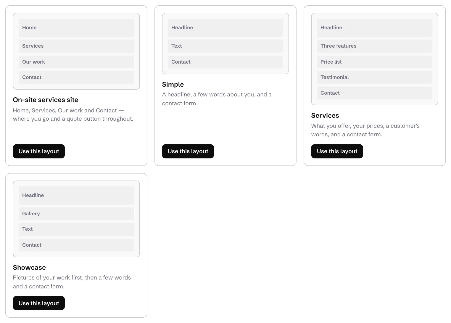 Pick a starting layout: the set for on-site services first, then the general layouts